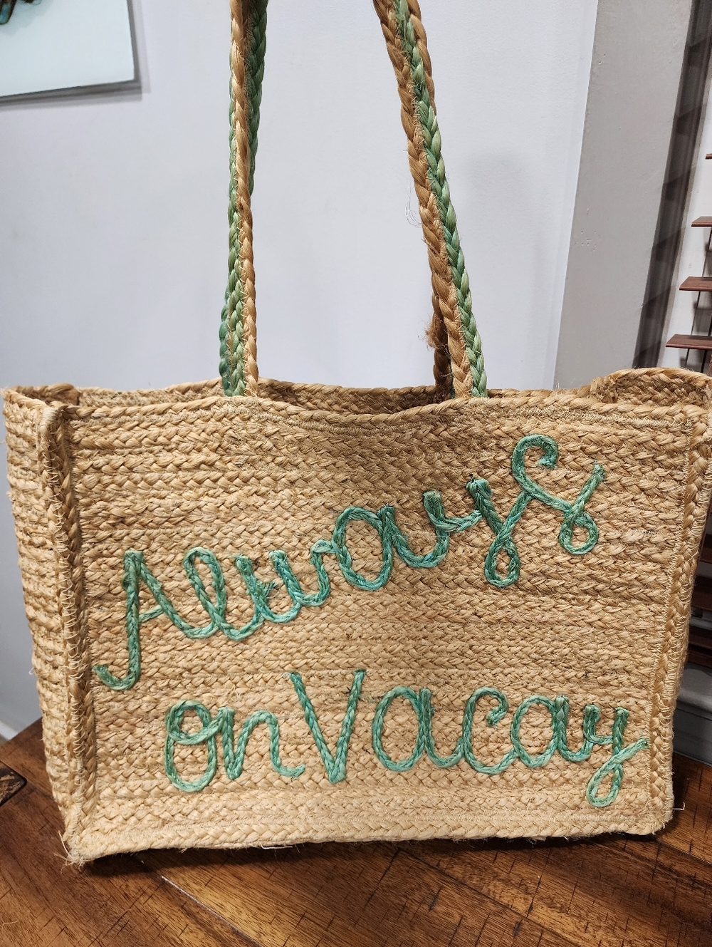 Shireleah Chicago 100 % Jute Tote Bag with Green Script - "Always on Vacay"